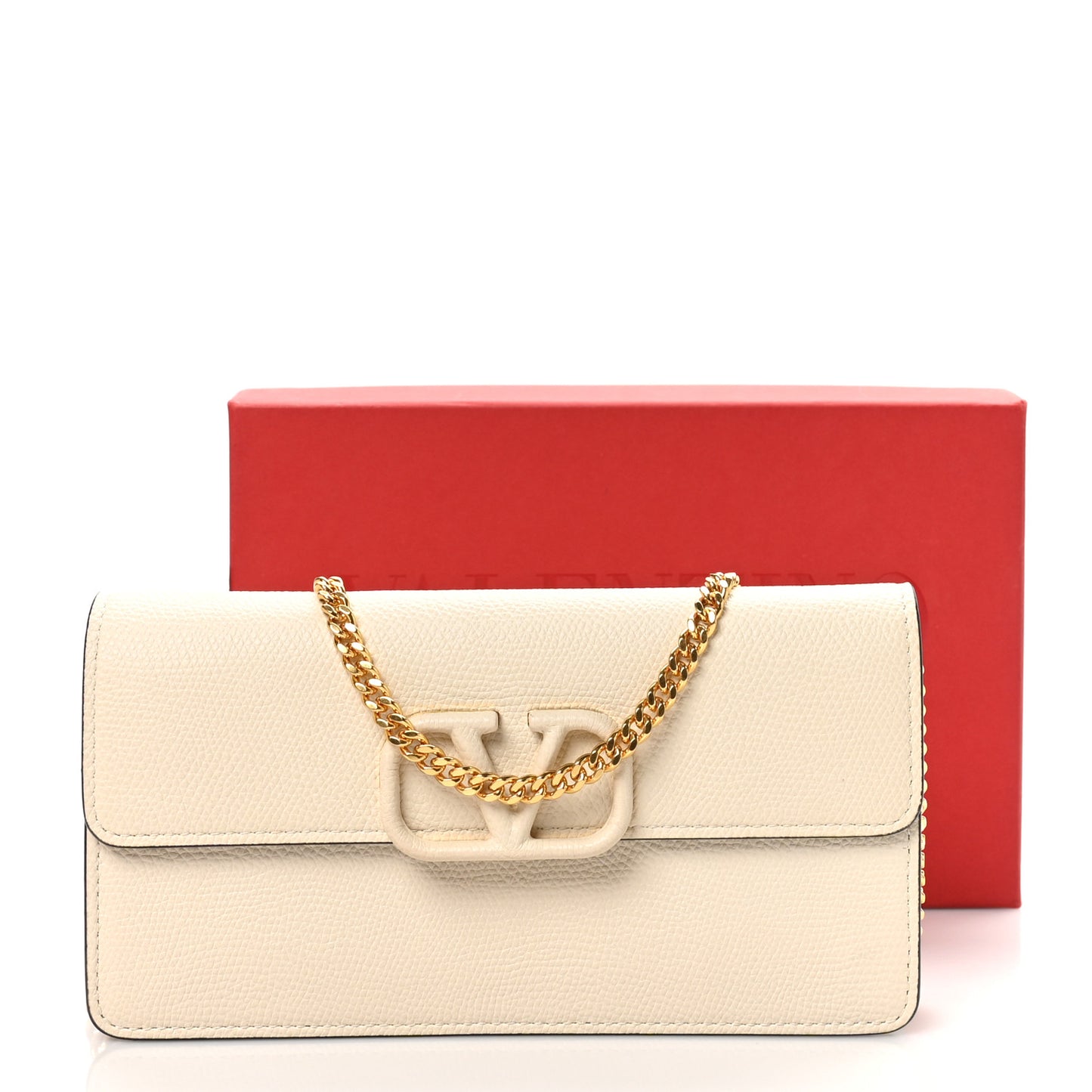 Grainy Calfskin VLogo Wallet With Chain Light Ivory