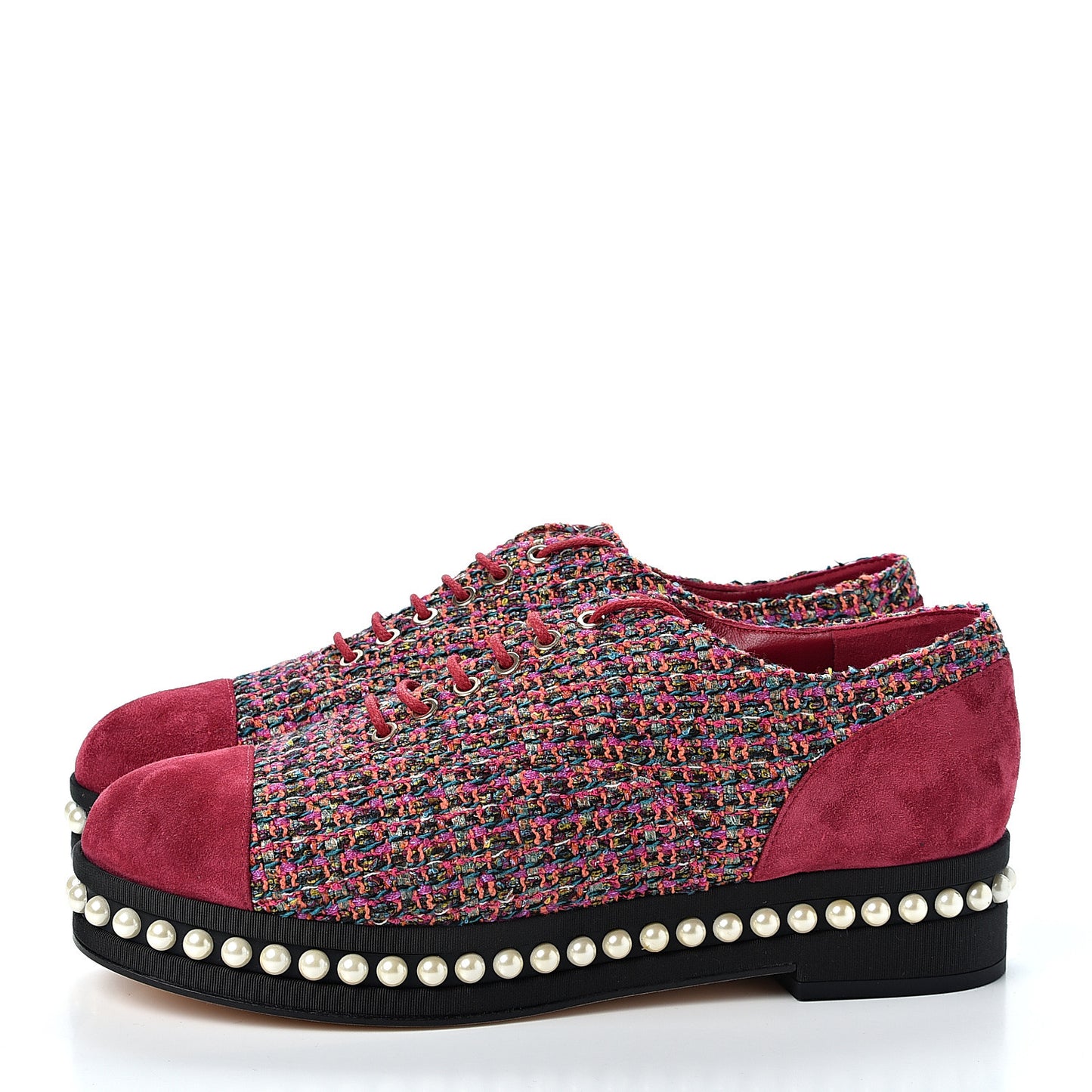 Tweed Calfskin Pearl Lace Up Sneakers 38.5 Fuchsia Orange Green Red