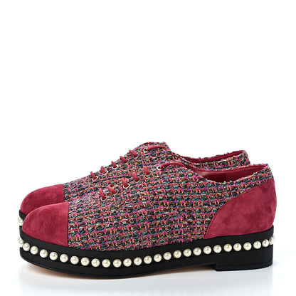 Chanel Tweed Calfskin Pearl Lace Up Sneakers 38.5 Fuchsia Orange Green Red 3 of 9