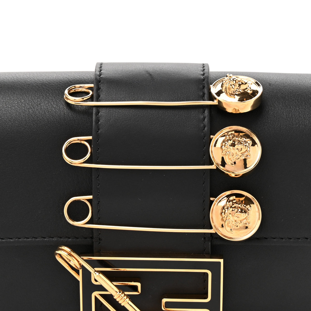 X VERSACE Vitello Seta Fendace Mini Brooch Baguette Black
