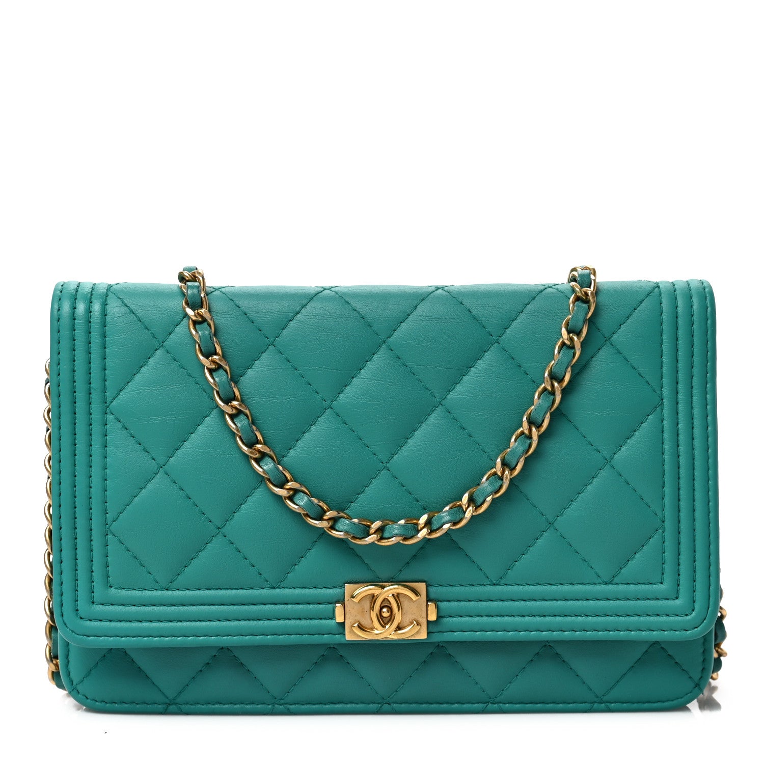 Chanel Lambskin Quilted Boy Wallet On Chain WOC Turquoise 1 of 9