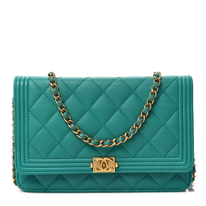 Chanel Lambskin Quilted Boy Wallet On Chain WOC Turquoise 1 of 9