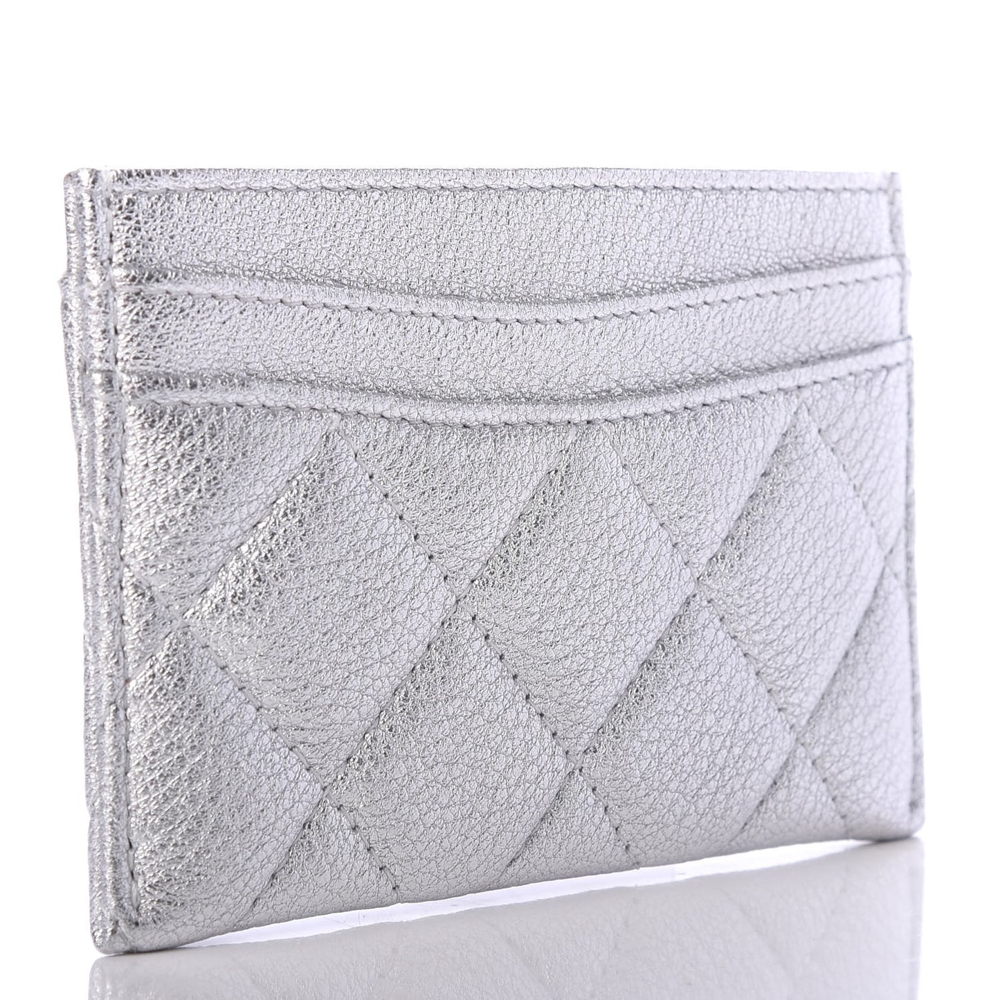 Metallic Lambskin Quilted Card Holder Silver