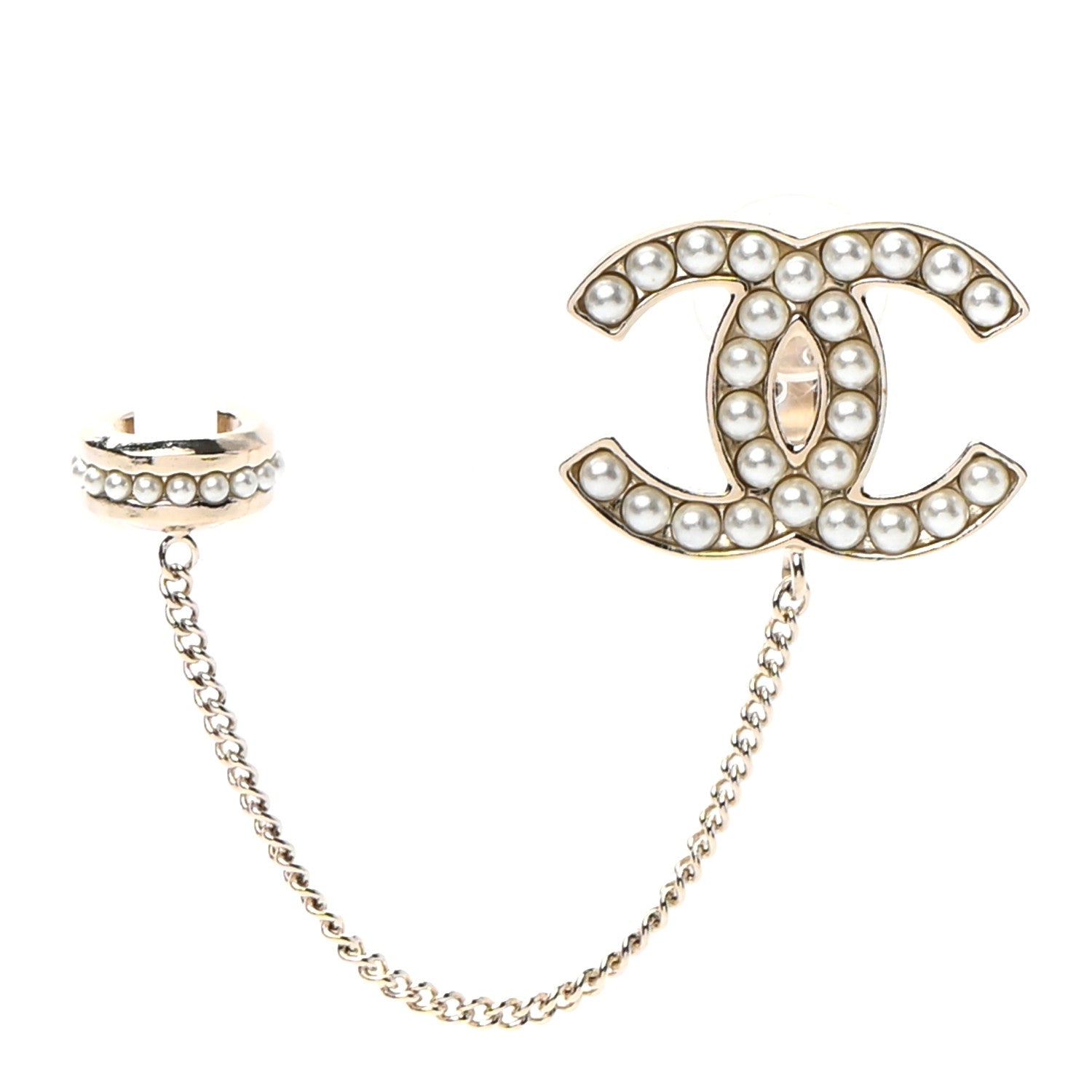 Chanel Crystal CC Chain Cuff Single Clip On Earring Gold Pearly White 1 of 4