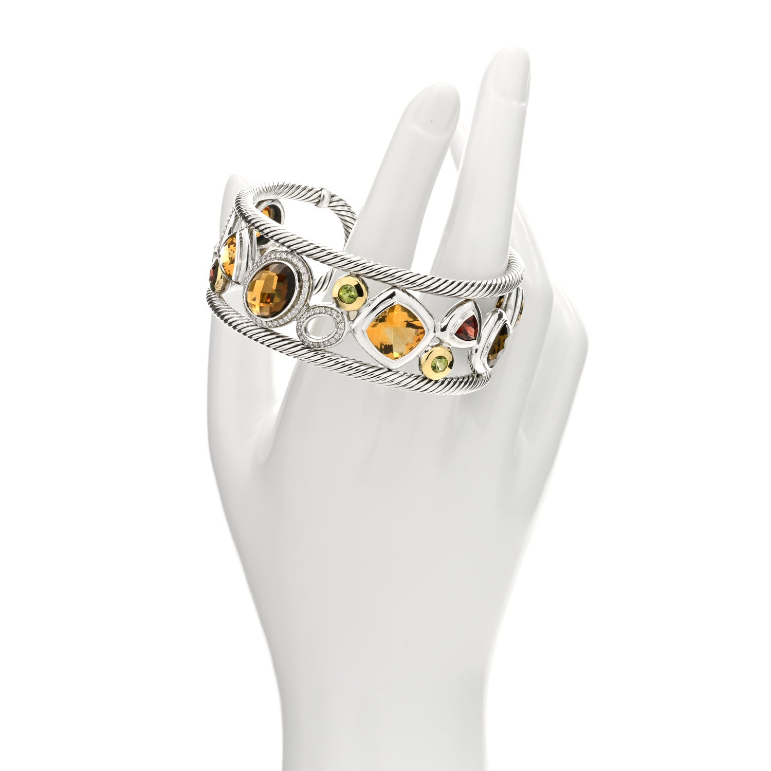 David Yurman Sterling Silver 18K Yellow Gold Diamond Multi Gemstone Mosaic Cuff Bracelet 2 of 4