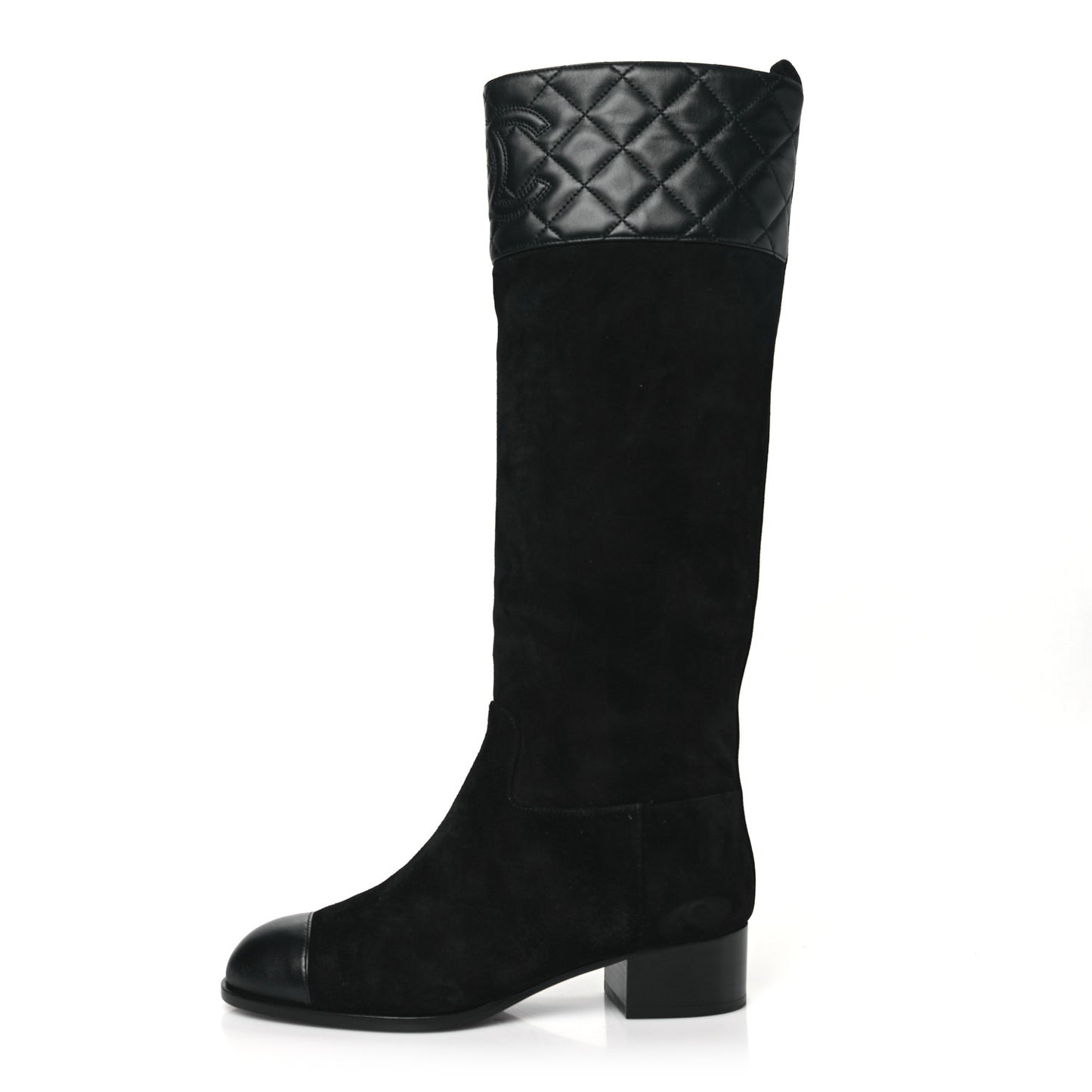 Suede Calfskin Lambskin Quilted Knee High Boots 37 Black