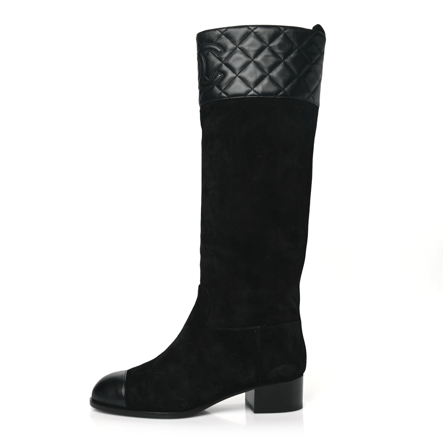 Chanel Suede Calfskin Lambskin Quilted Knee High Boots 37 Black 1 of 7