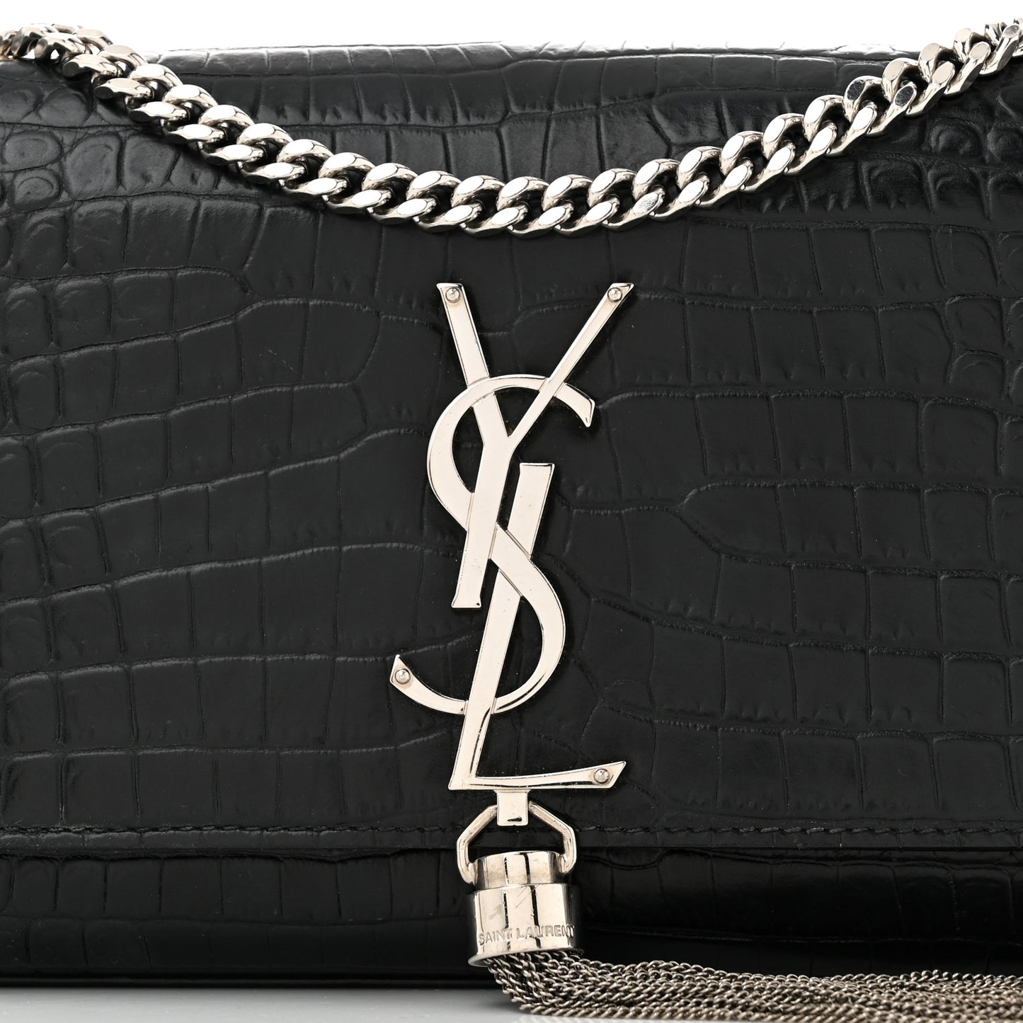 Calfskin Crocodile Embossed Small Classic Monogram Kate Tassel Satchel Black