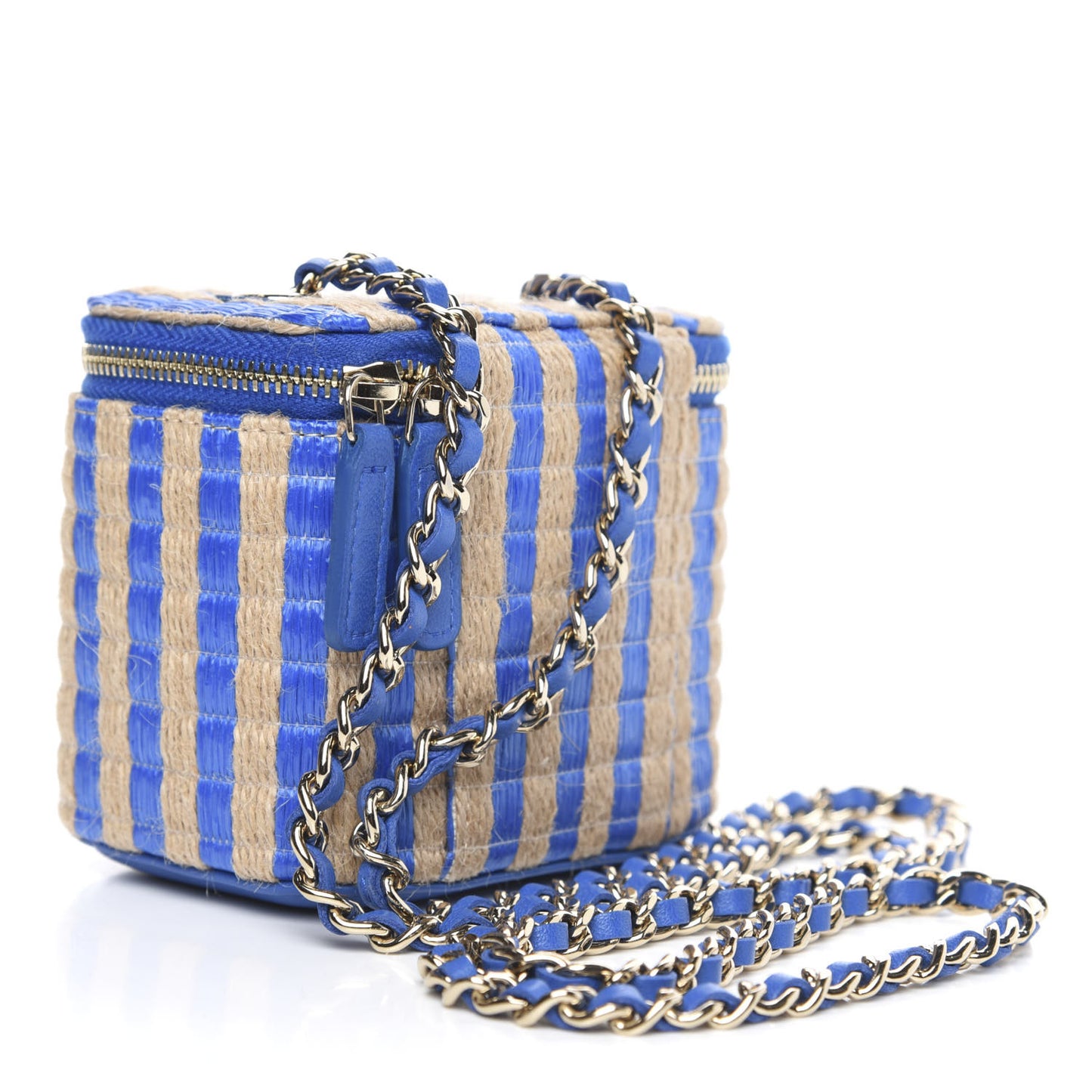 Raffia Jute Striped Mini Vanity Case With Chain Blue Beige