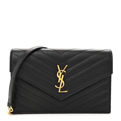 Saint Laurent Grain De Poudre Matelasse Chevron Monogram Envelope Chain Wallet Black 1 of 11