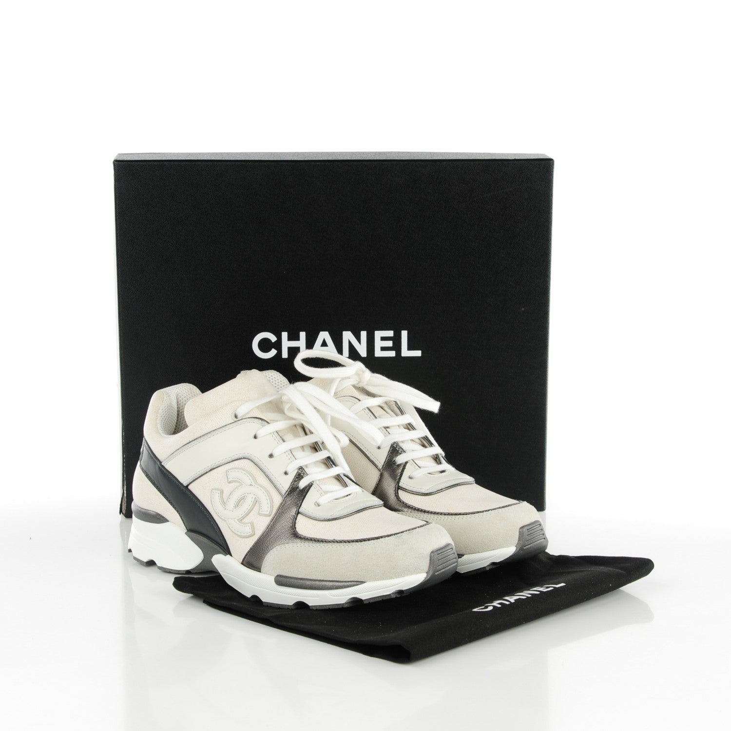 Chanel Suede Calfskin Canvas Goatskin CC Sneakers 38 White Gray 9 of 9