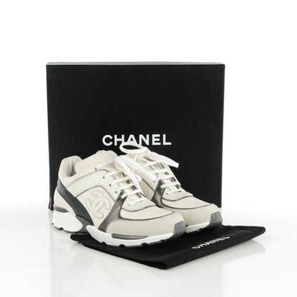 Chanel Suede Calfskin Canvas Goatskin CC Sneakers 38 White Gray 9 of 9
