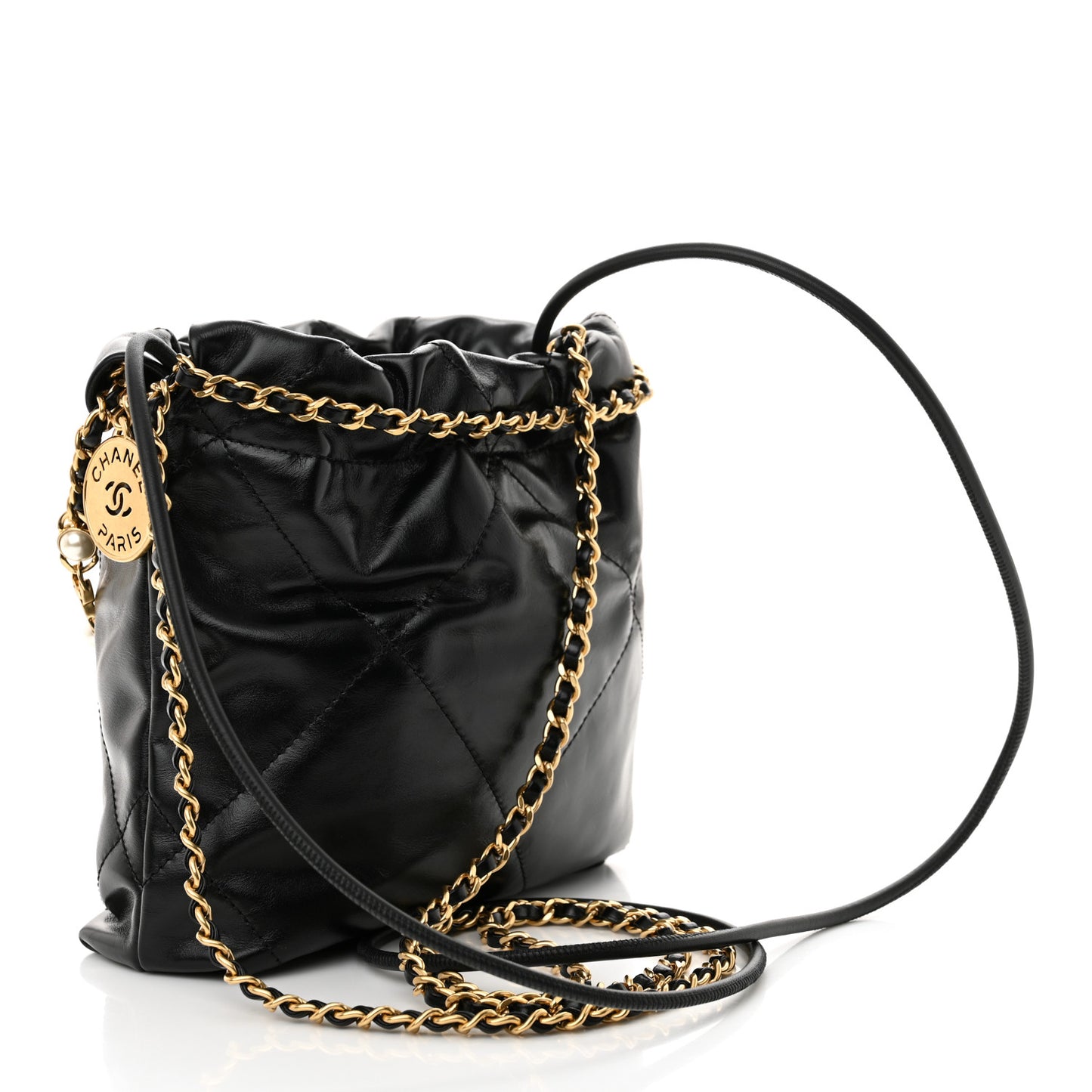 Shiny Calfskin Quilted Pearl CC Chain Mini Chanel 22 Black