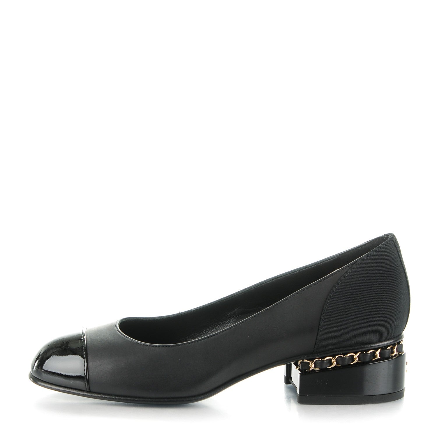 Chanel Lambskin Patent Cap Toe Low Heel Chain Pumps 35.5 Black 1 of 7