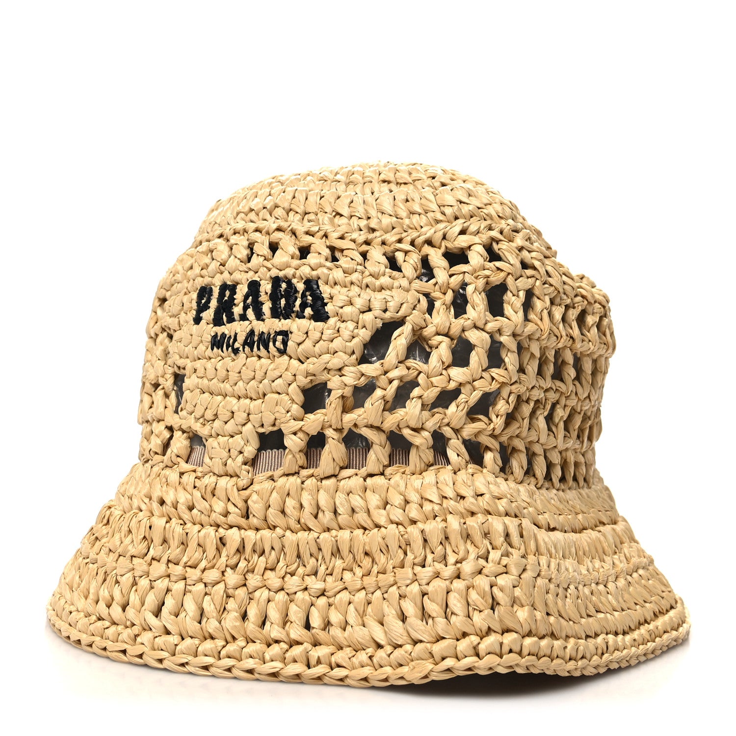 Prada Yarn Raffia Effect Crochet Logo Embroidered Womens Bucket Hat S Naturale 1 of 7