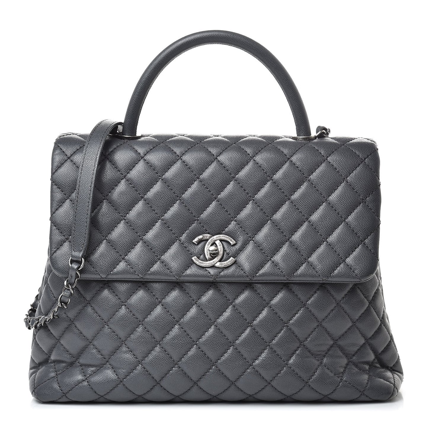 Caviar Quilted Large Coco Handle Flap Grey