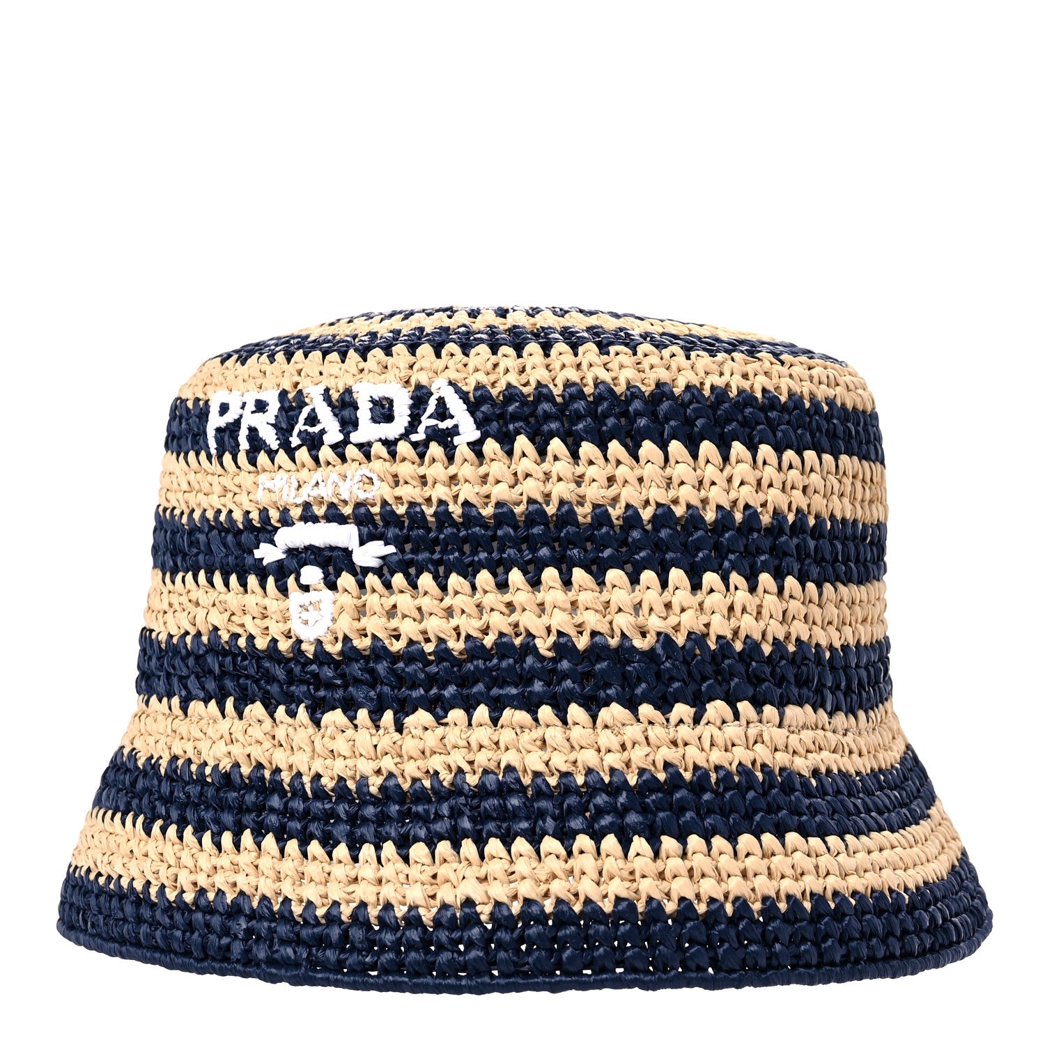 Prada Raffia Striped Logo Embroidered Womens Bucket Hat M Naturale Baltico 1 of 7