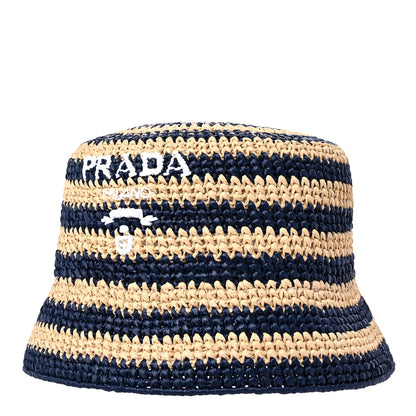 Prada Raffia Striped Logo Embroidered Womens Bucket Hat M Naturale Baltico 1 of 7