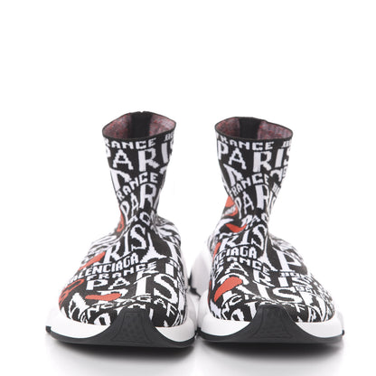 Balenciaga Neoprene Knit Bonjour Paris Womens Speed Sneakers 38 Black White Red 3 of 6