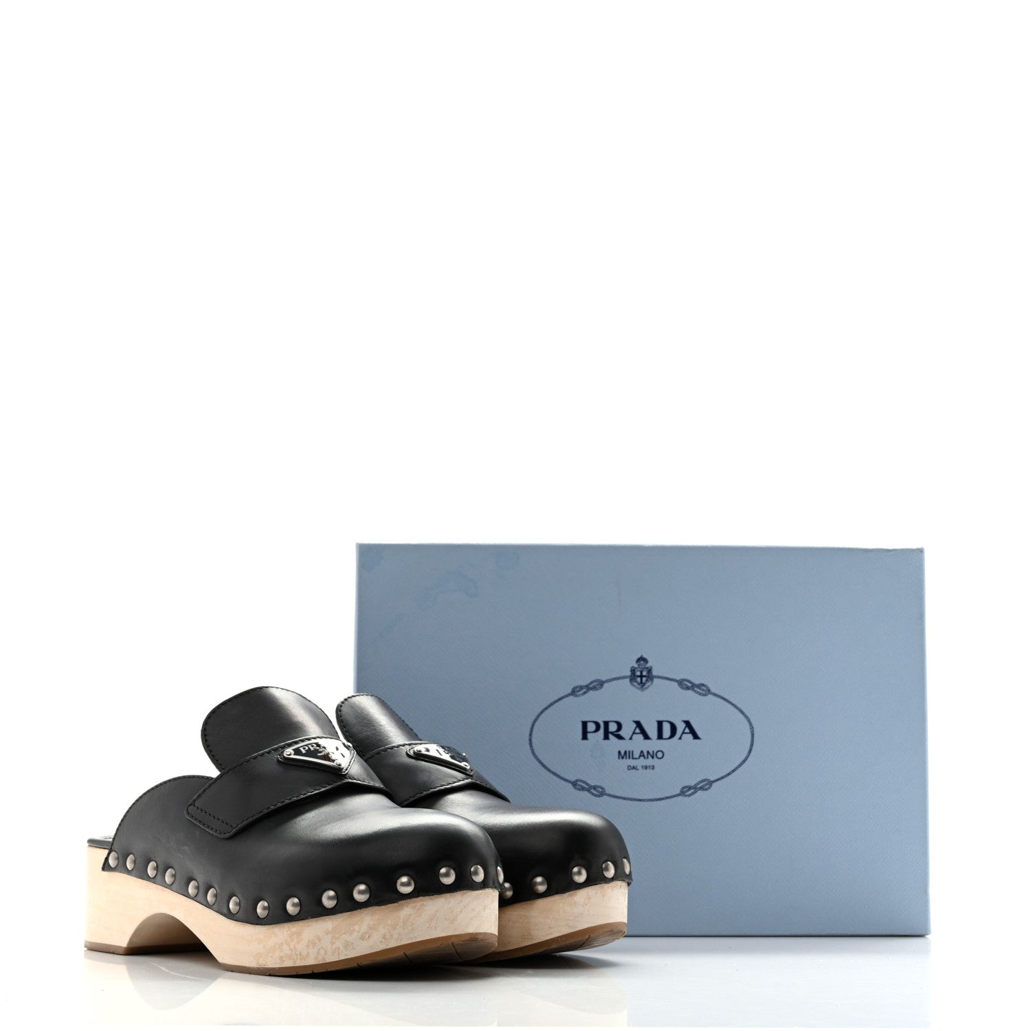 Prada Natural Calfskin Metal Triangle Logo 45mm Clogs 40 Black Sabbia 15 of 15