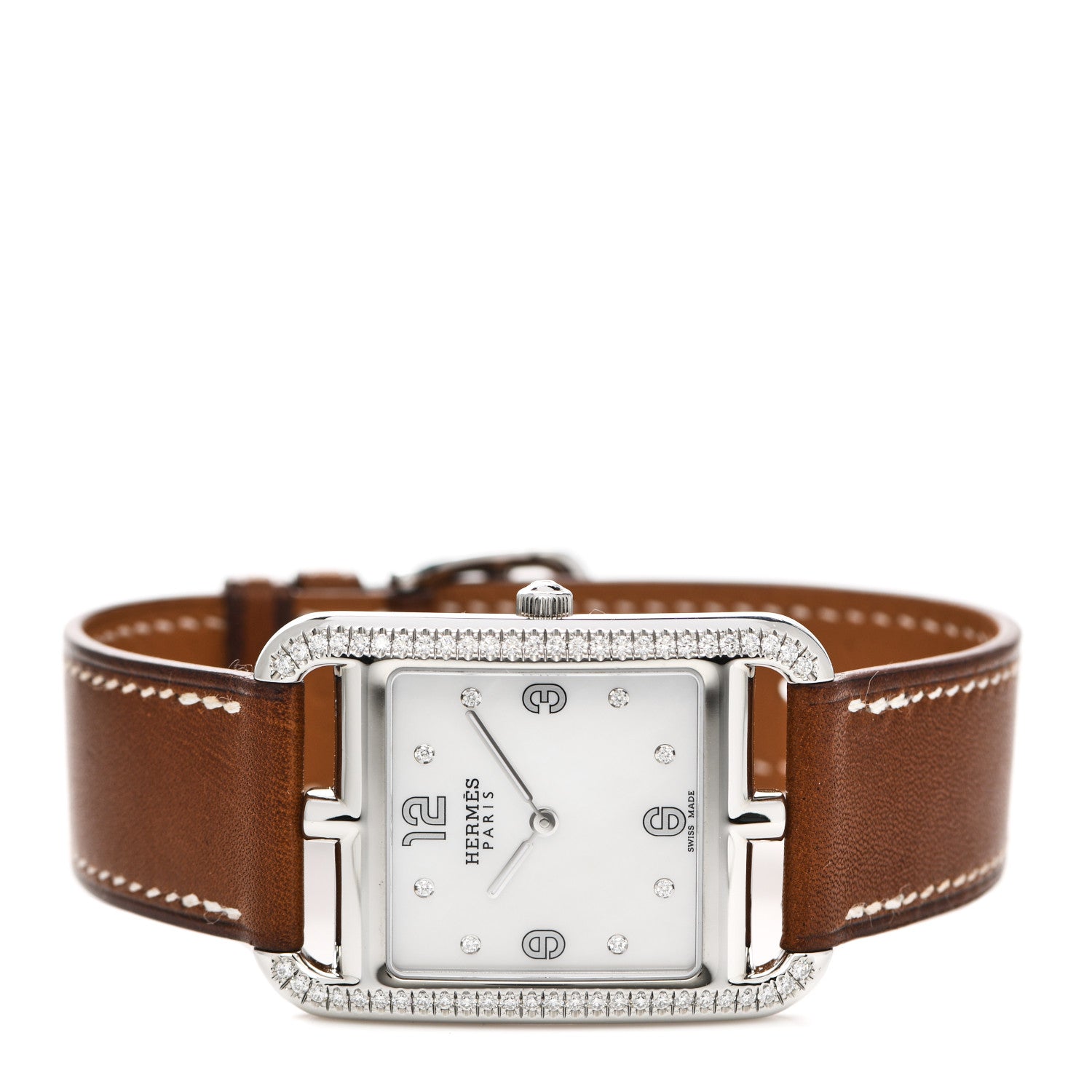 Hermes Stainless Steel Barenia Diamond Bezel Mother of Pearl 29mm Cape Cod Quartz Watch Fauve 2 of 5