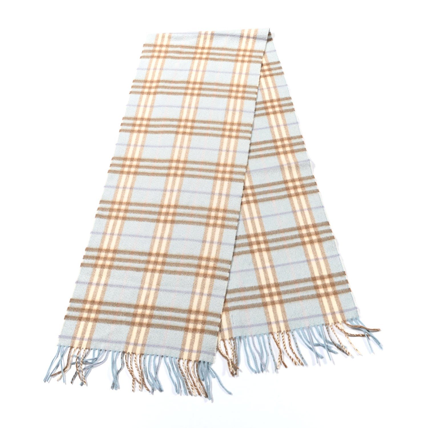 Burberry Cashmere Wool Check Fringe Scarf Light Blue 2 of 3