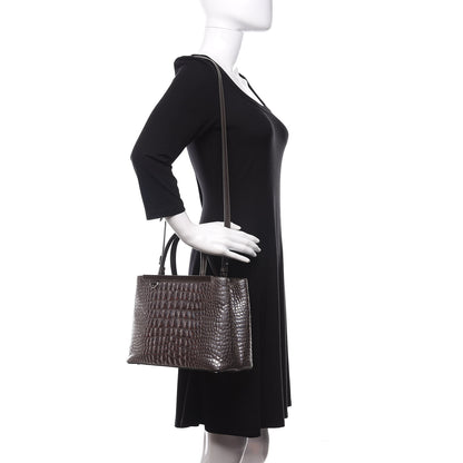 Fendi Metallic Calfskin Crocodile Embroidered Petite 2Jours Tote Silver Mirror 2 of 15