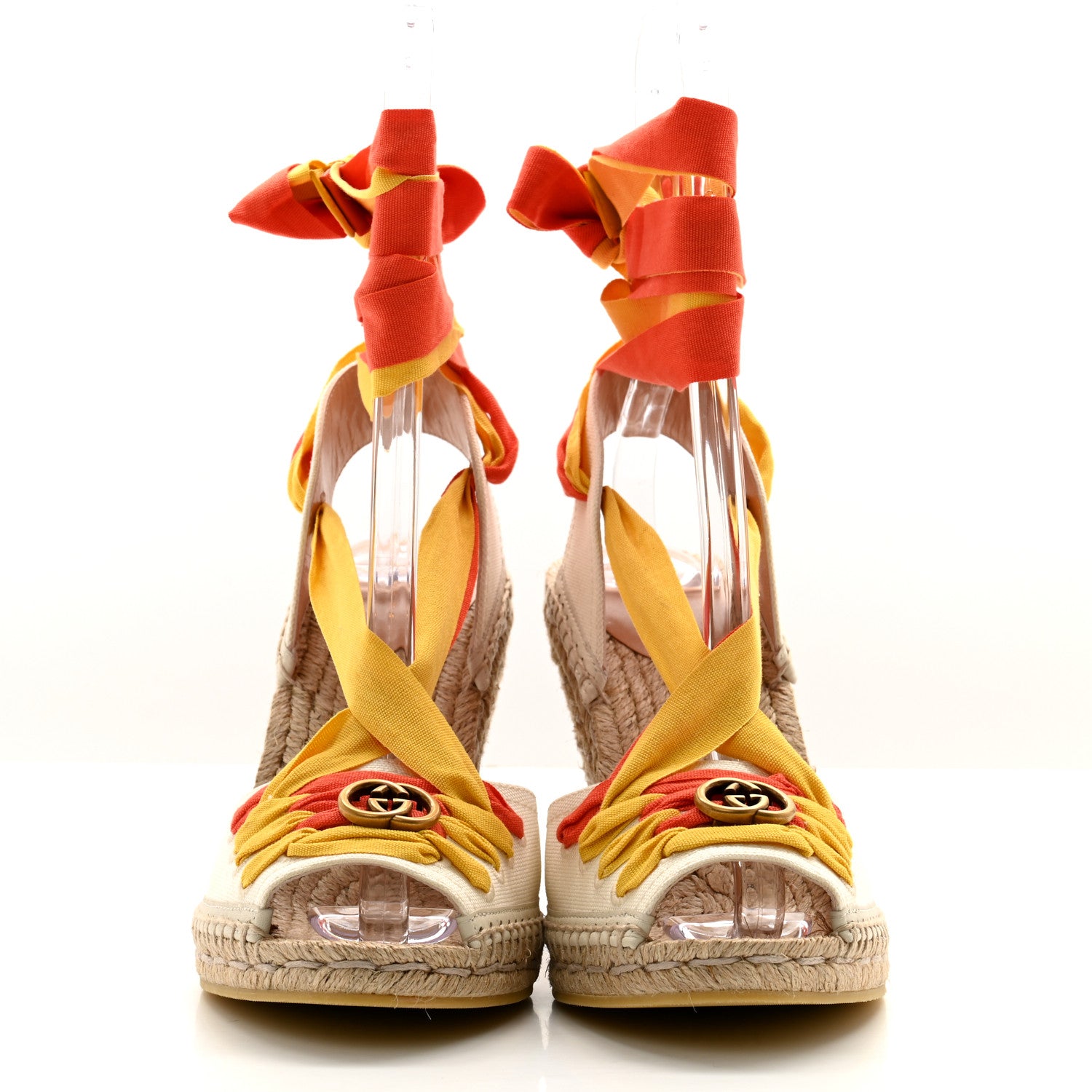 Gucci Canvas Ankle Wrap Interlocking G Platform 35/120mm Espadrille Wedges 39.5 Orange Yellow 2 of 8