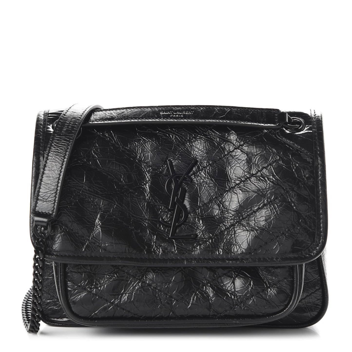 Crinkled Calfskin Matelasse Monogram Baby Niki Chain Satchel Black