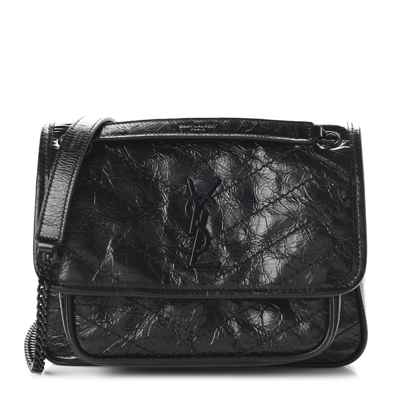 Saint Laurent Crinkled Calfskin Matelasse Monogram Baby Niki Chain Satchel Black 1 of 9