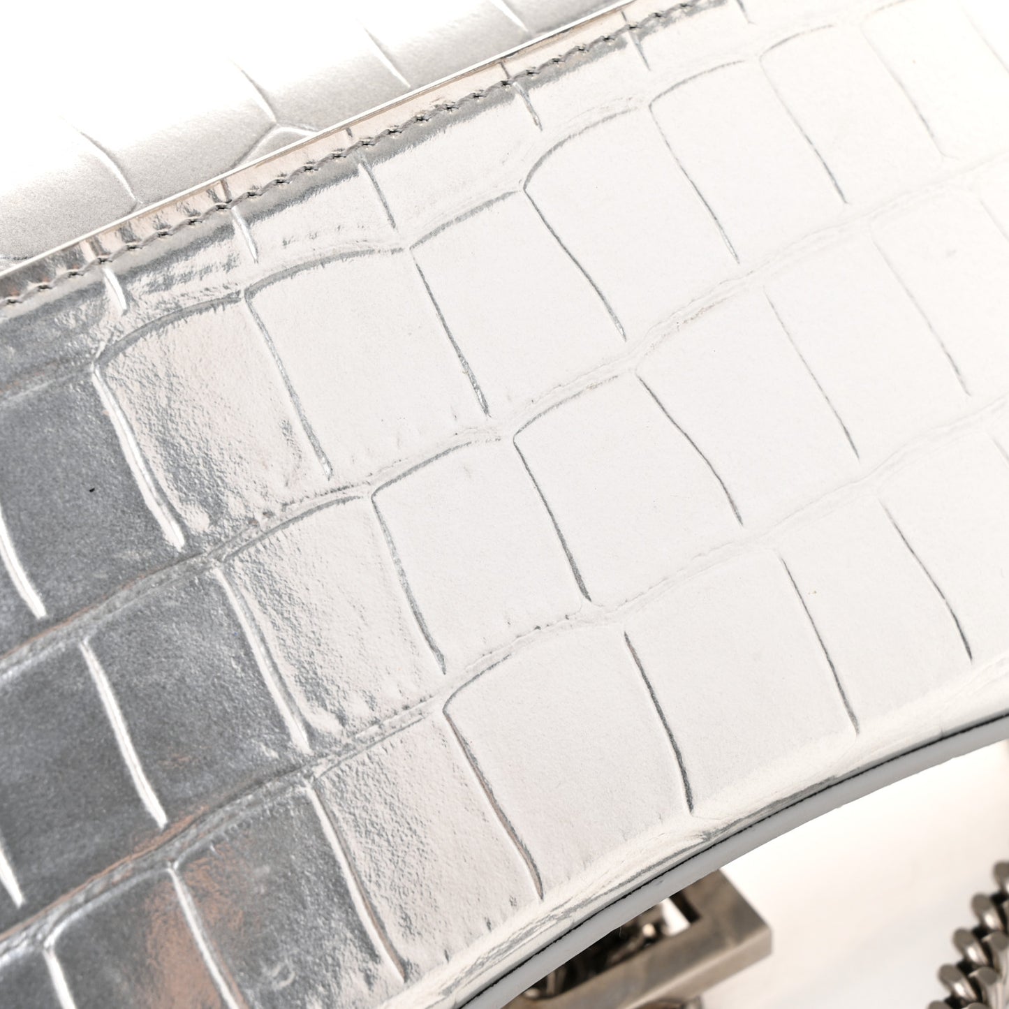 Metallic Calfskin Crocodile Embossed Hourglass Chain Bag Silver
