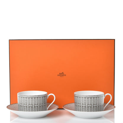 Hermes Porcelain Mosaique Au 24 Breakfast Cup And Saucer Set Of 2 Platine 27 of 27