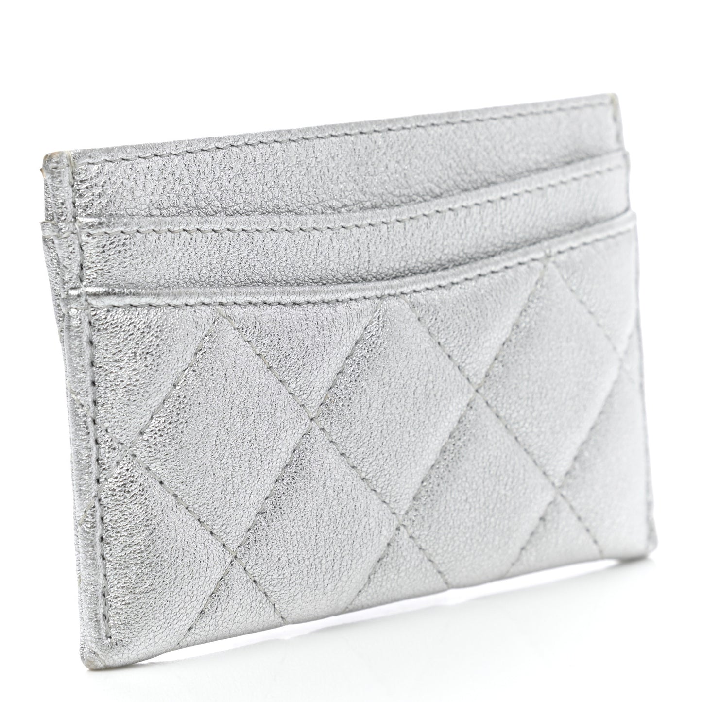 Metallic Lambskin Quilted Card Holder Silver