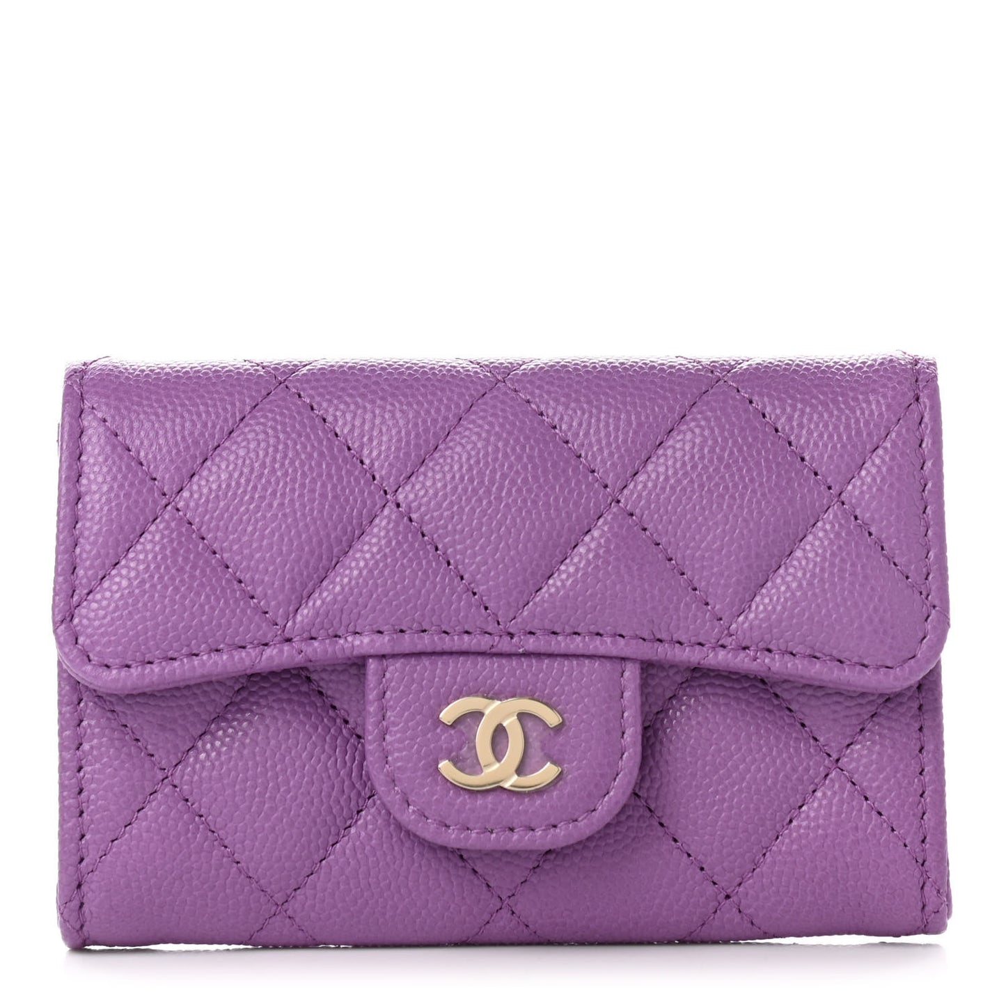 Caviar Quilted Flap Card Holder Wallet Purple