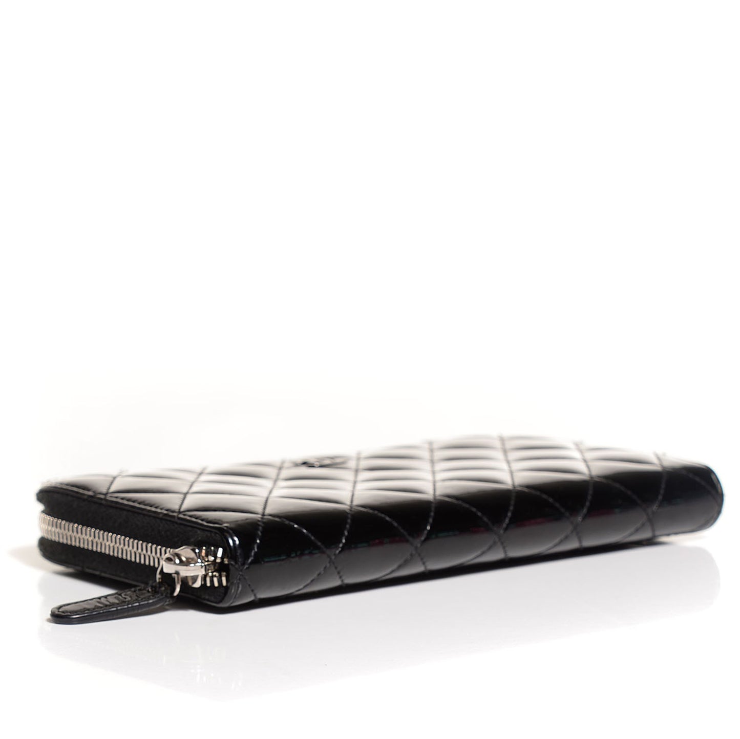 Patent Calfskin Quilted Large Gusset Zip Around Wallet Black