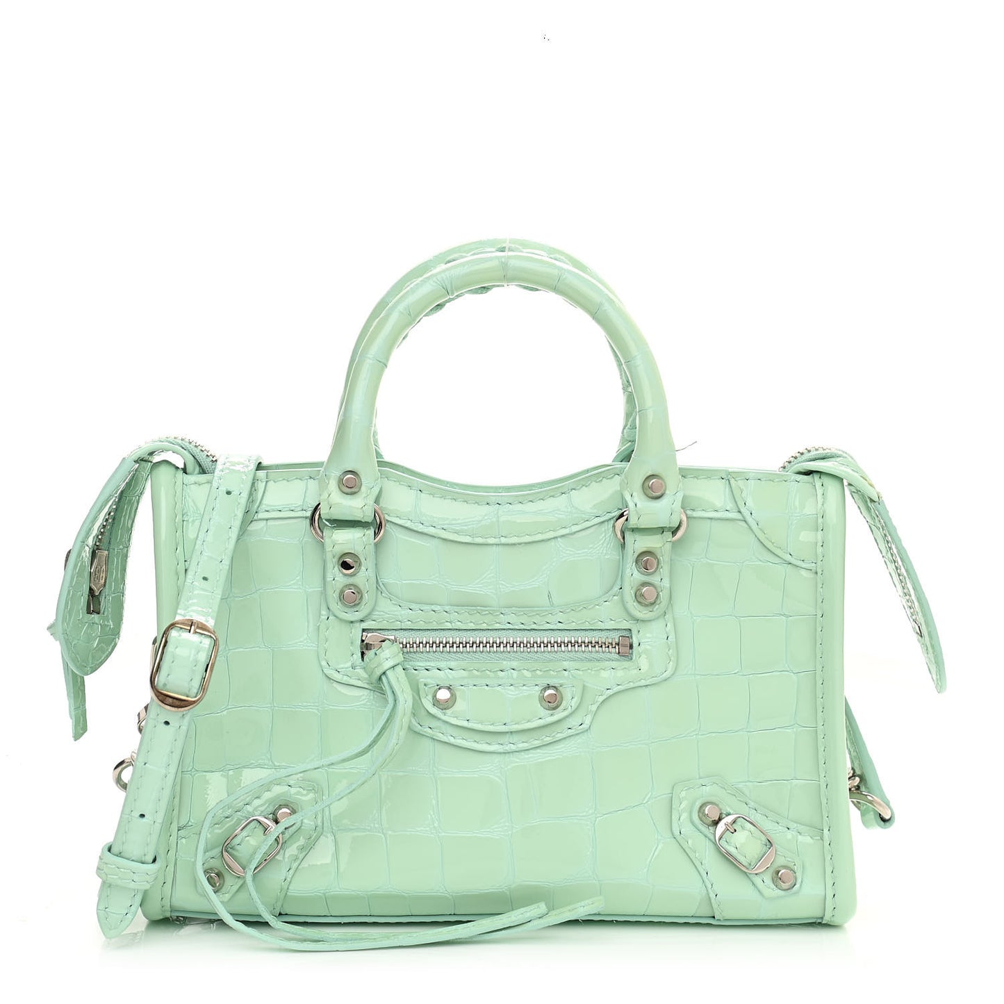Patent Crocodile Embossed Classic Silver Hardware Nano City Light Green