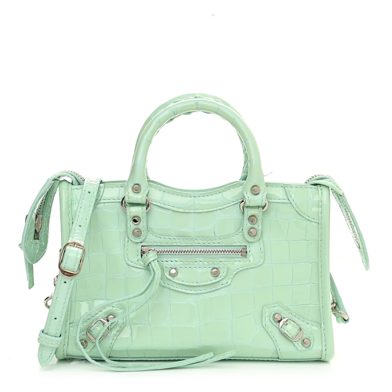 Balenciaga Patent Crocodile Embossed Classic Silver Hardware Nano City Light Green 3 of 15