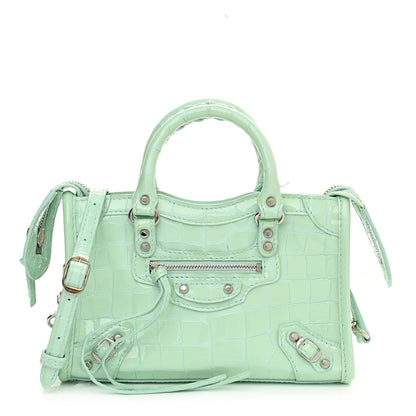 Balenciaga Patent Crocodile Embossed Classic Silver Hardware Nano City Light Green 3 of 15