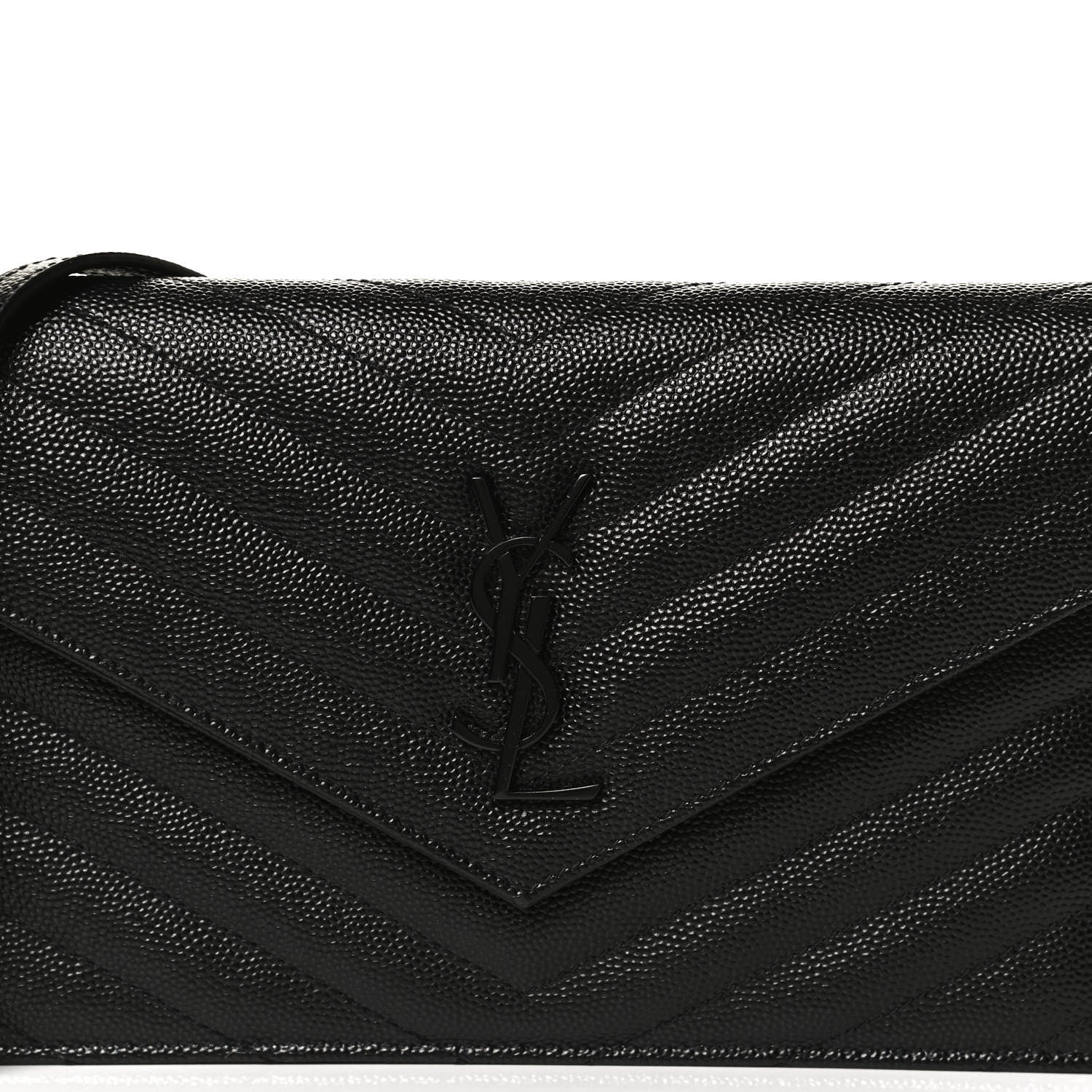 Saint Laurent Grain De Poudre Matelasse Chevron Monogram Monochrome Envelope Chain Wallet Black 6 of 11