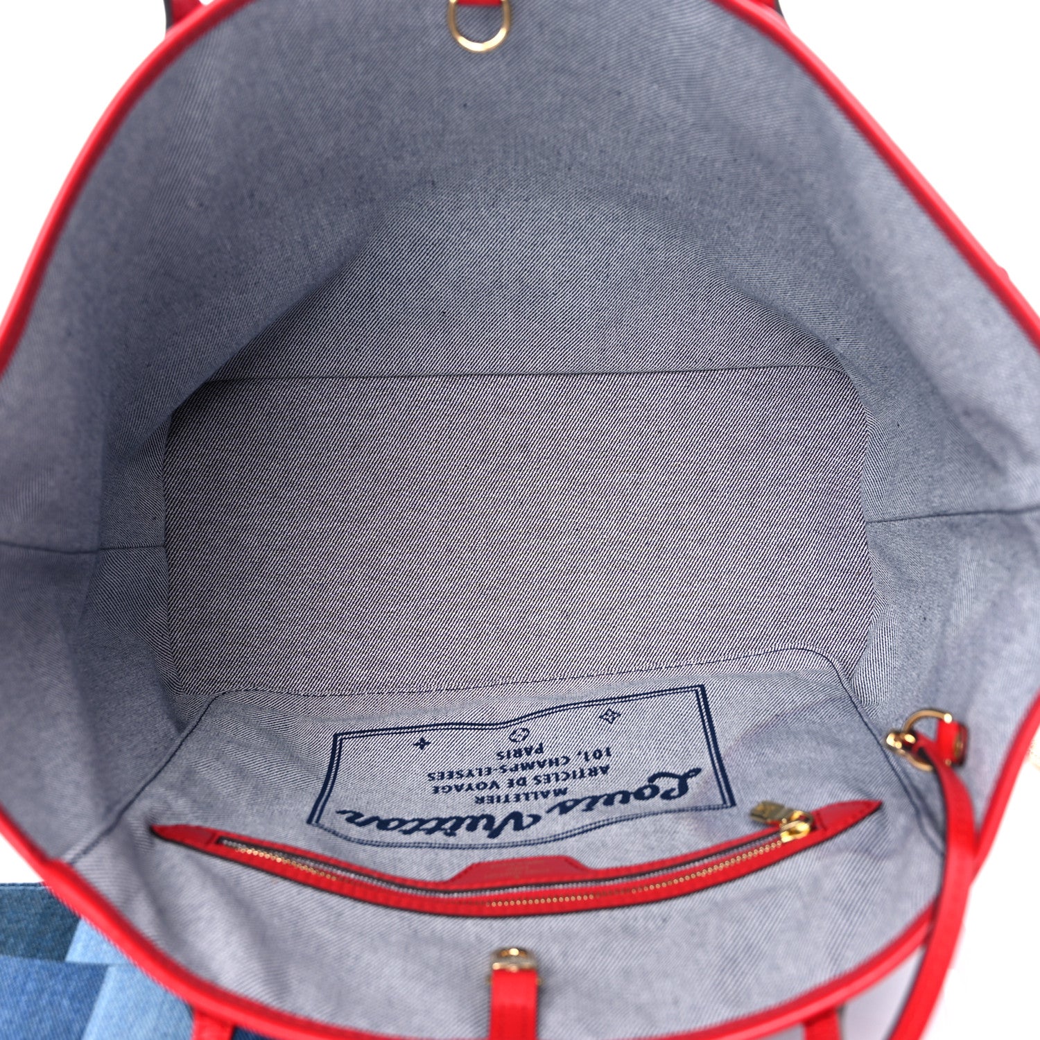 Louis Vuitton Denim Damier Monogram Patchwork Neverfull Blue Rouge 8 of 15