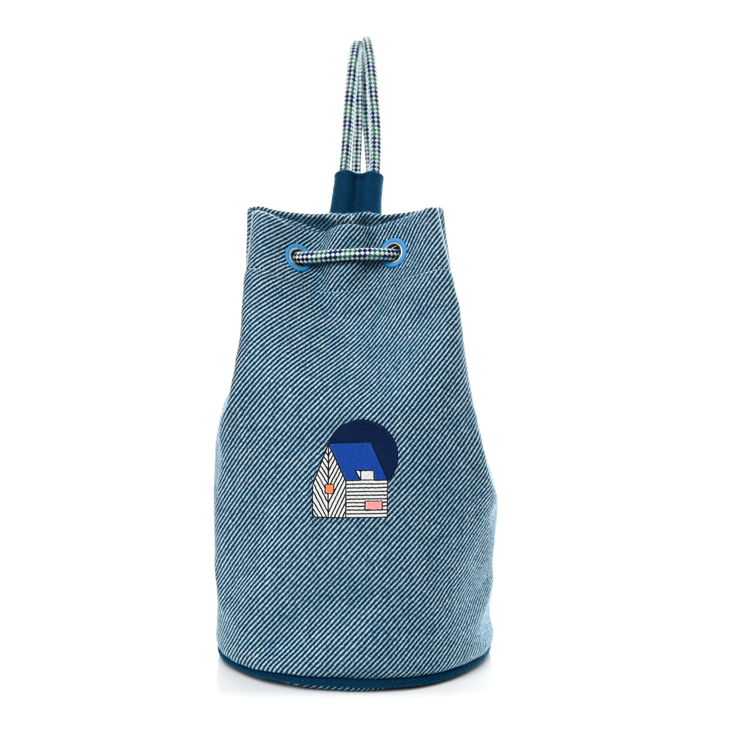 Hermes Toile H Canvas Les Cabanes Drawstring Duffle Bag Bleu Paon 1 of 10
