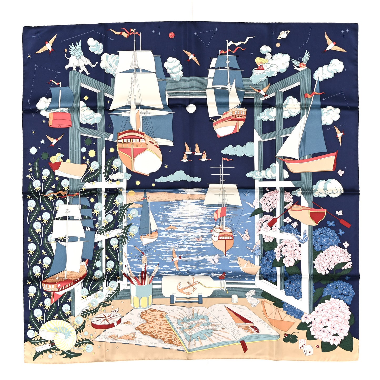 Silk L'Esprit s'Envole Scarf 90 Bleu Marine Vert Creme