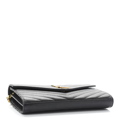 Saint Laurent Grain De Poudre Matelasse Chevron Monogram Chain Wallet Black 4 of 10