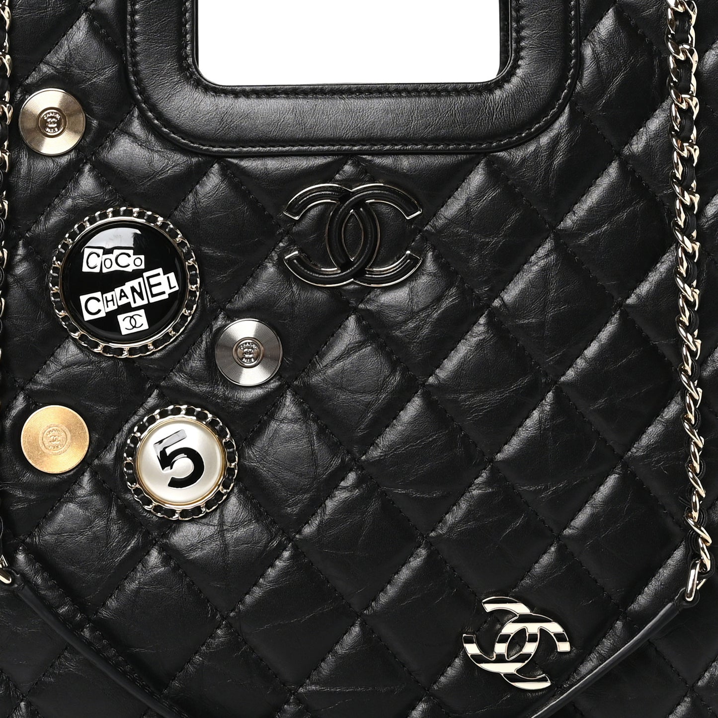 Aged Calfskin Small Charms Shopping Bag Black