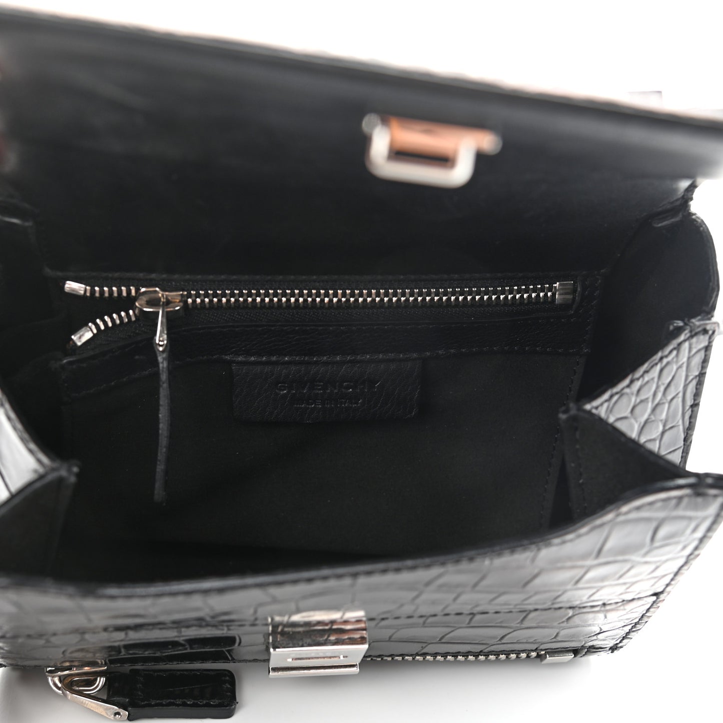 Calfskin Crocodile Embossed Mini Pandora Box Crossbody Bag Black