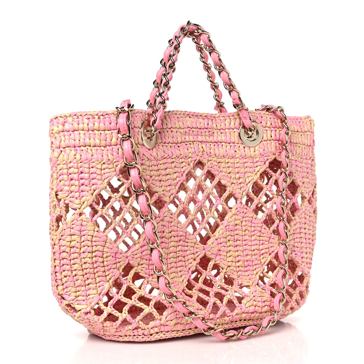 Chanel Raffia Effect Braided Small Shopping Bag Beige Pink 4 of 11