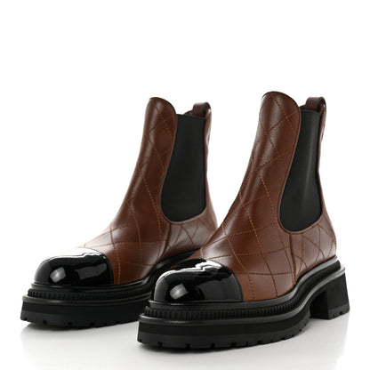 Chanel Calfskin Patent Cap Toe Quilted Short Boots 37.5 Brown Black 3 of 8