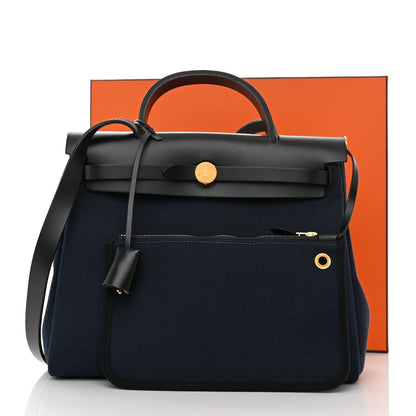 Hermes Military Toile Vache Hunter Herbag Zip Retourne 31 PM Bleu Marine Black 12 of 12