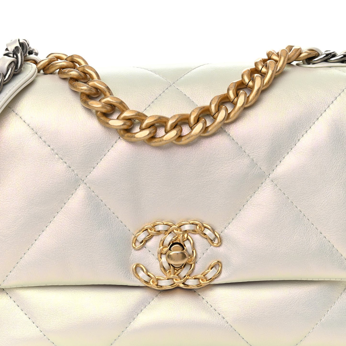 Iridescent Calfskin Quilted Medium Chanel 19 Flap White