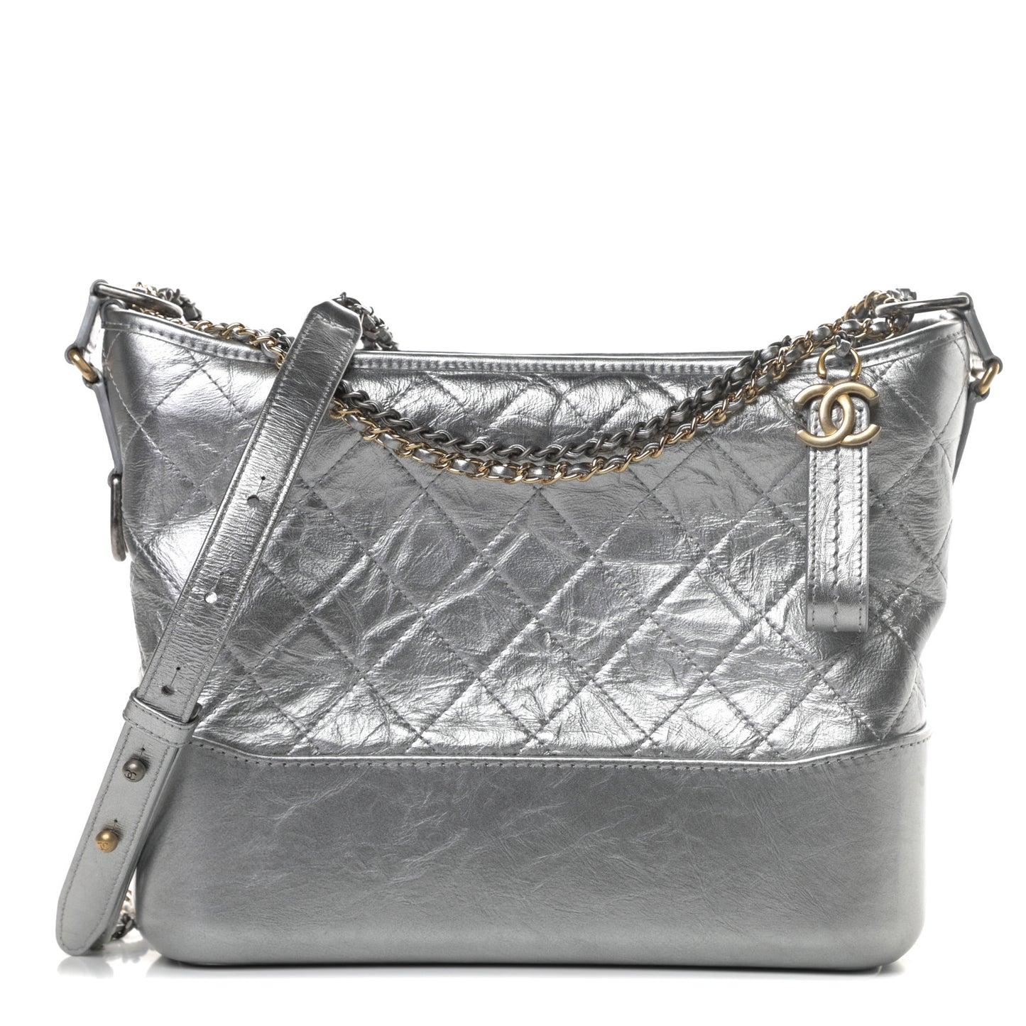 Metallic Aged Calfskin Quilted Medium Gabrielle Silver